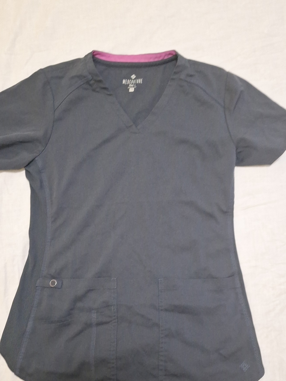 Med Couture Dark Gray Scrub Top with Pink Trim